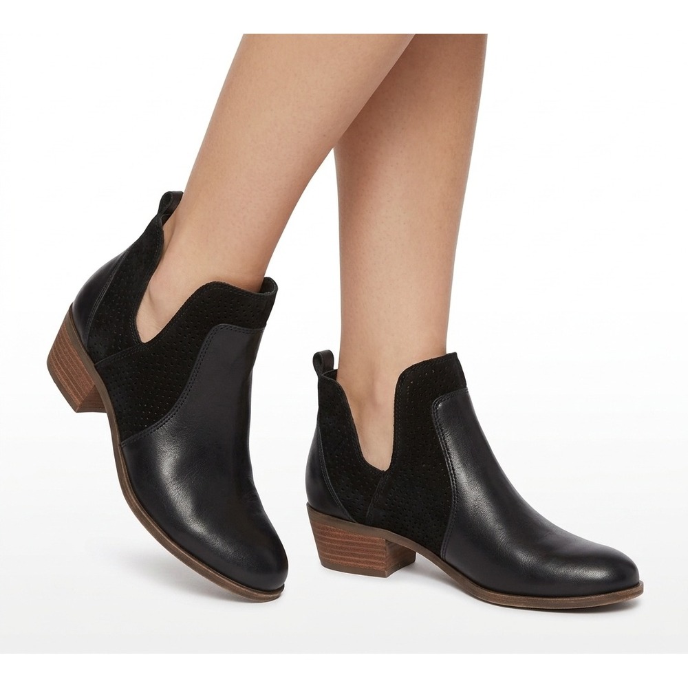 Lucky Brand Belson Ankle Boots Black Leather Perforated Suede - 9M